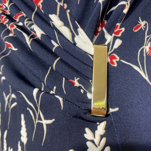 Charter Club navy blue floral wrap style 3/4 sleeve blouse - Medium Petite - Picture 2 of 8